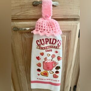 Valentine's Day "Cupid's Sweetheart Cafe" Hanging Kitchen Towel Crochet Top NWT